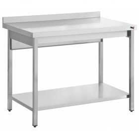 Edelstahl Tisch (Selbstmontage) mit 1 Ablageboden. Modelle mit einer Aufkantung als Standard verfügbar.