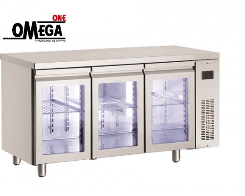Kühltisch ohne Aggregat 2 Öffnung Glastür Abmessungen: 1540x700x870 mm PNN999GL