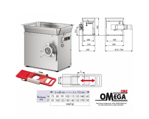 Omega Group  C/E 22SRH Refrigerated Meat Mincer max 300 Kg/h made of with Semiautomatic Hamburger Attachment