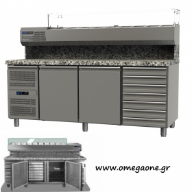 Gastro Pizzakühltisch mit 2 Türen mit Kühlaufsatz Maße: 1975x800x865/1440 mm -Granitarbeitsplatte und 7 Schubladen Neutral 